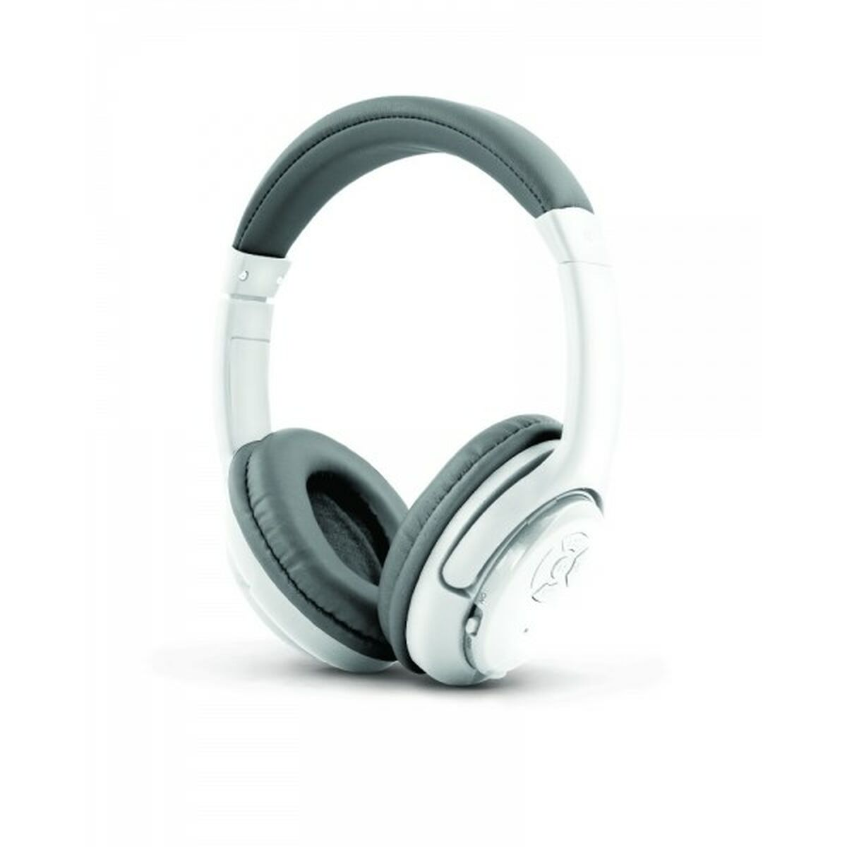 Casque blanc supra-auriculaire avec écouteurs et arceau gris, sur fond blanc.