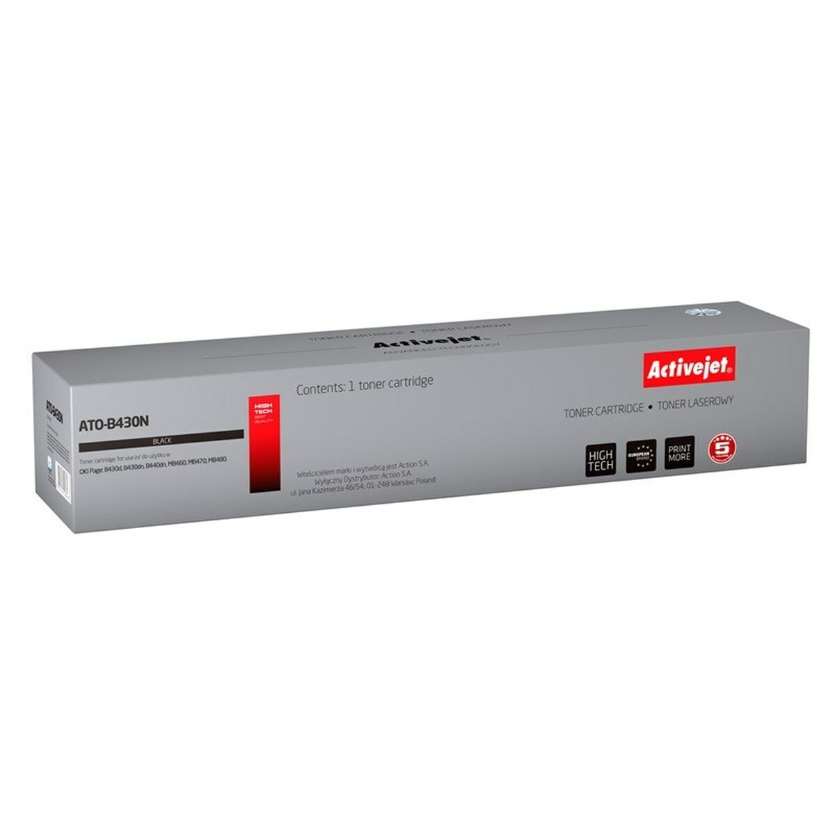 Szare pudełko z logo Activejet. Zawiera jeden czarny toner ATO-B430N.