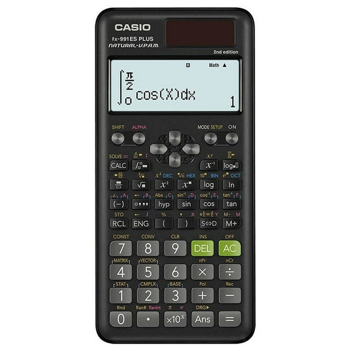 Calculadora Casio negra mostrando una fórmula integral.