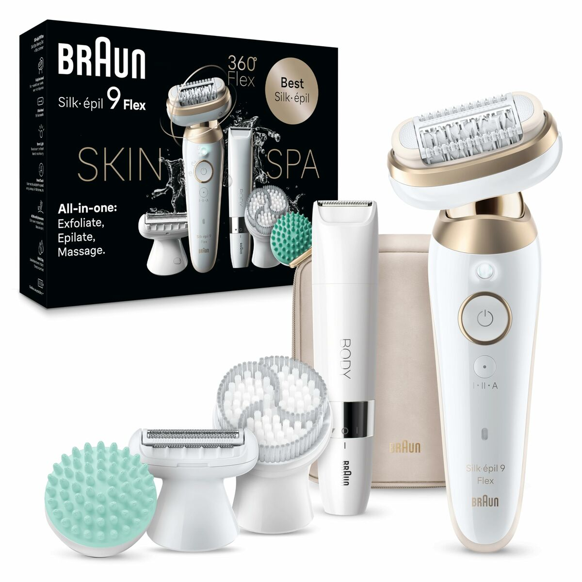 Epilatore Braun Silk-épil 9 Flex con accessori e confezione.