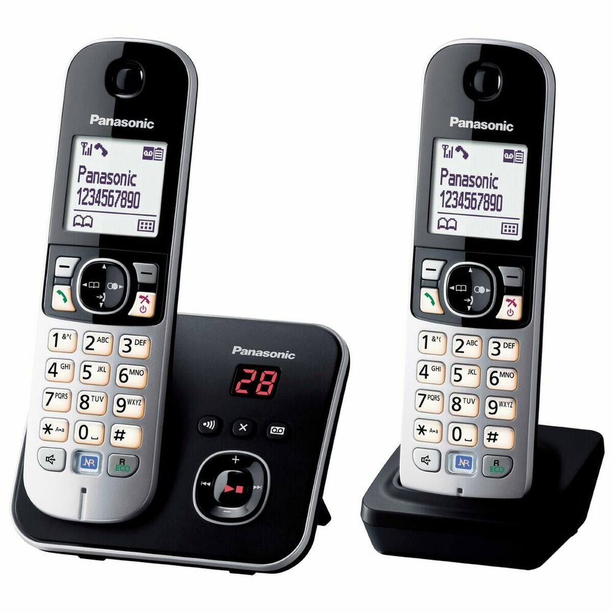 Zwei Panasonic Schnurlostelefone mit Basisstation auf weißem Hintergrund.