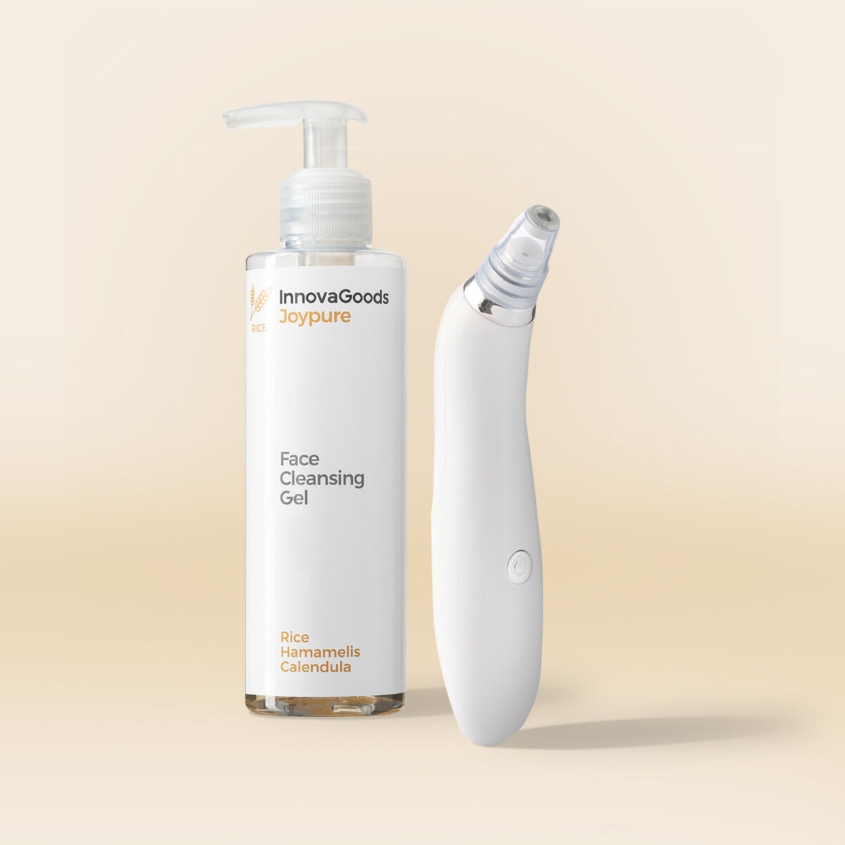Eine weiße Pumpsprühflasche mit Joypure Face Cleansing Gel und ein weißes Porenvakuumgerät.