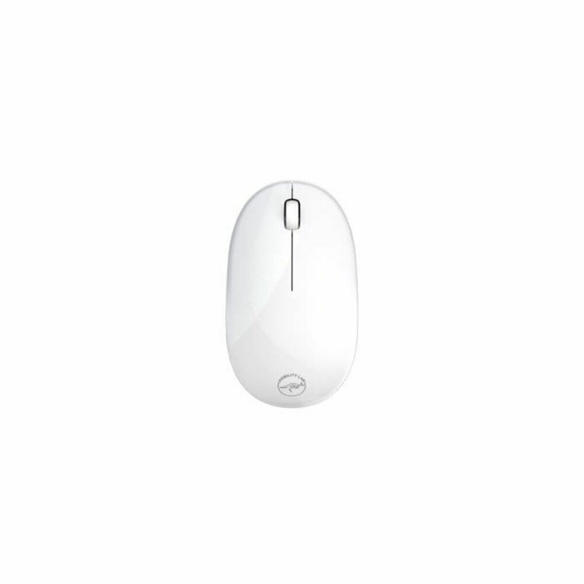 Een witte computermuis met scrollwiel en logo onderaan.