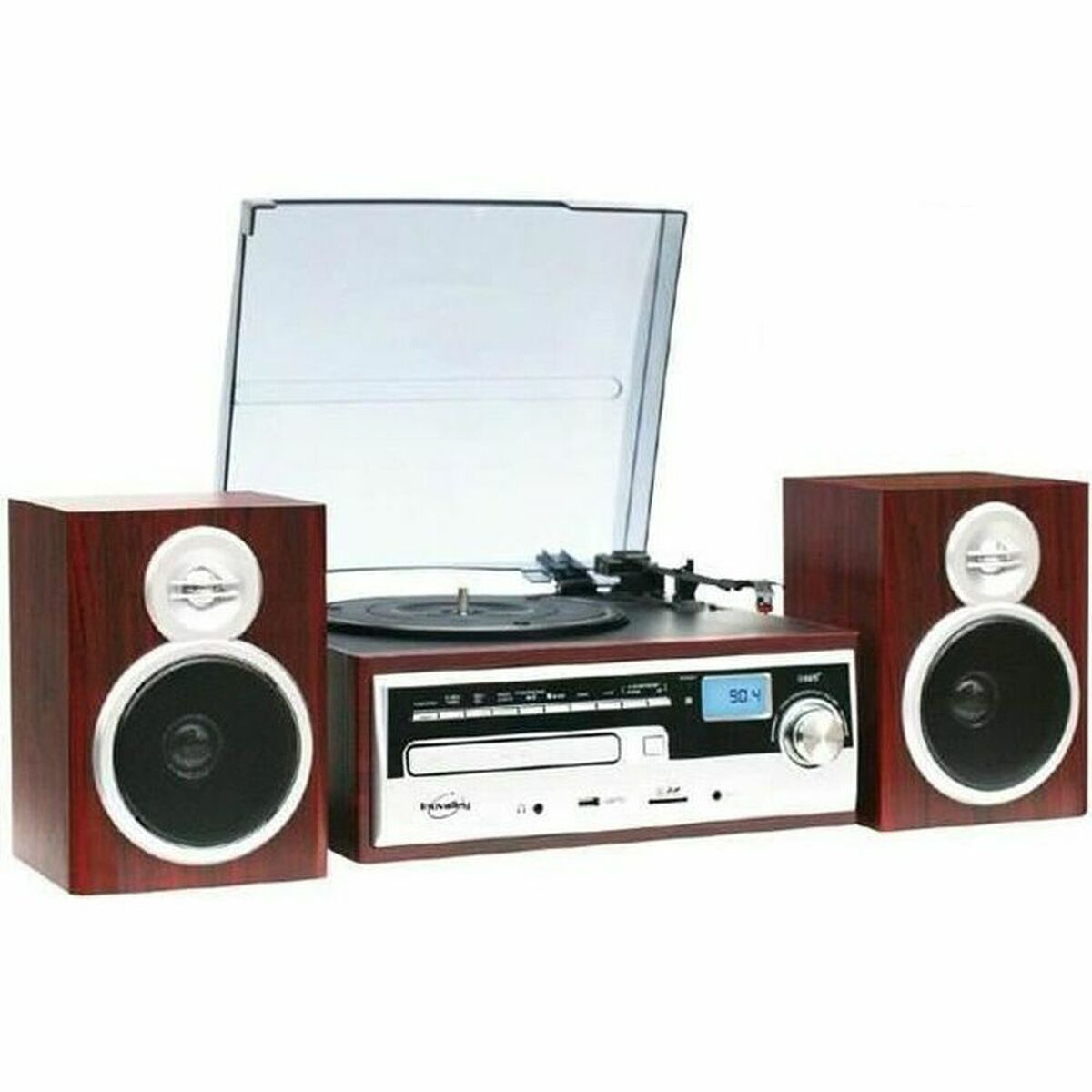 Giradischi in legno con lettore CD e due altoparlanti.