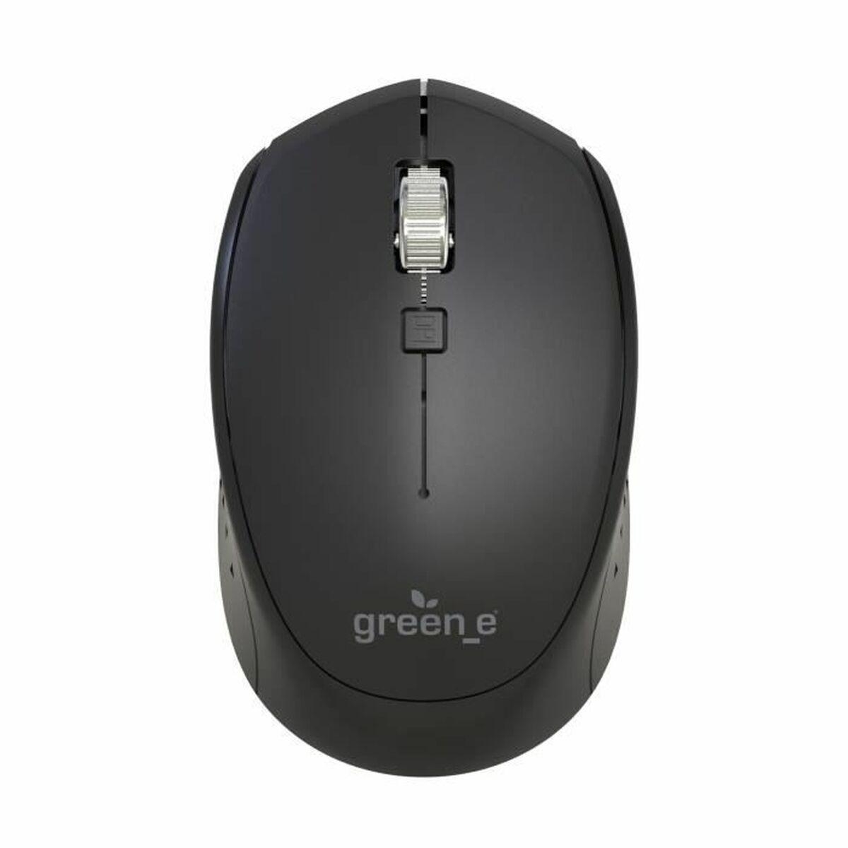 Un ratón inalámbrico negro para ordenador con rueda de desplazamiento plateada.
