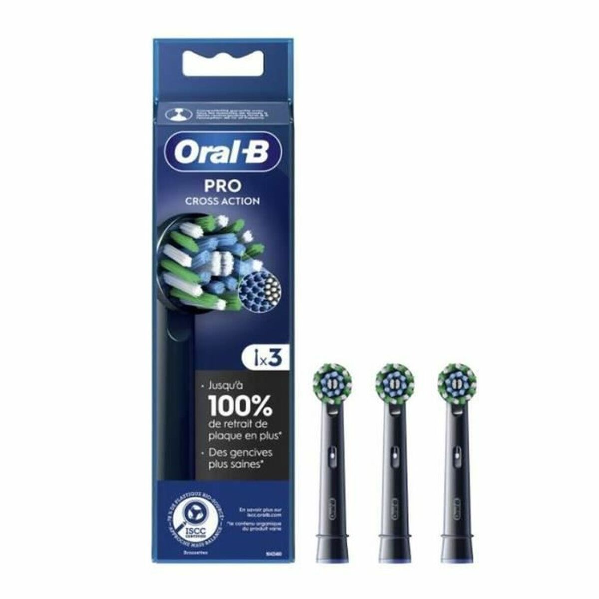 Confezione di testine Oral-B Pro Cross Action con tre pezzi.