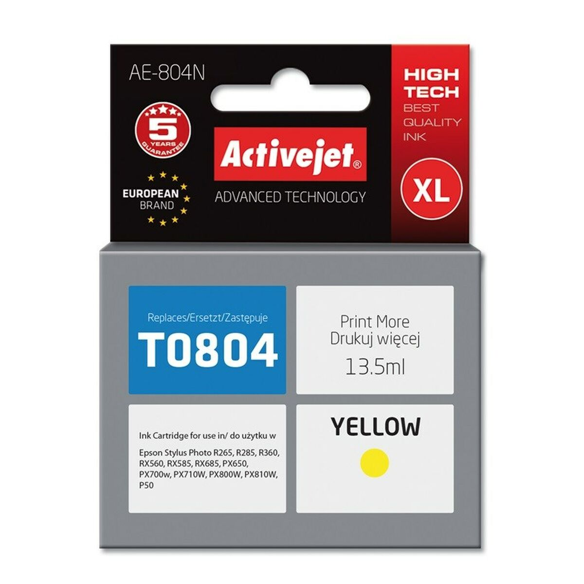 Caja para cartucho de tinta amarillo Activejet T0804 XL con 5 años de garantía.