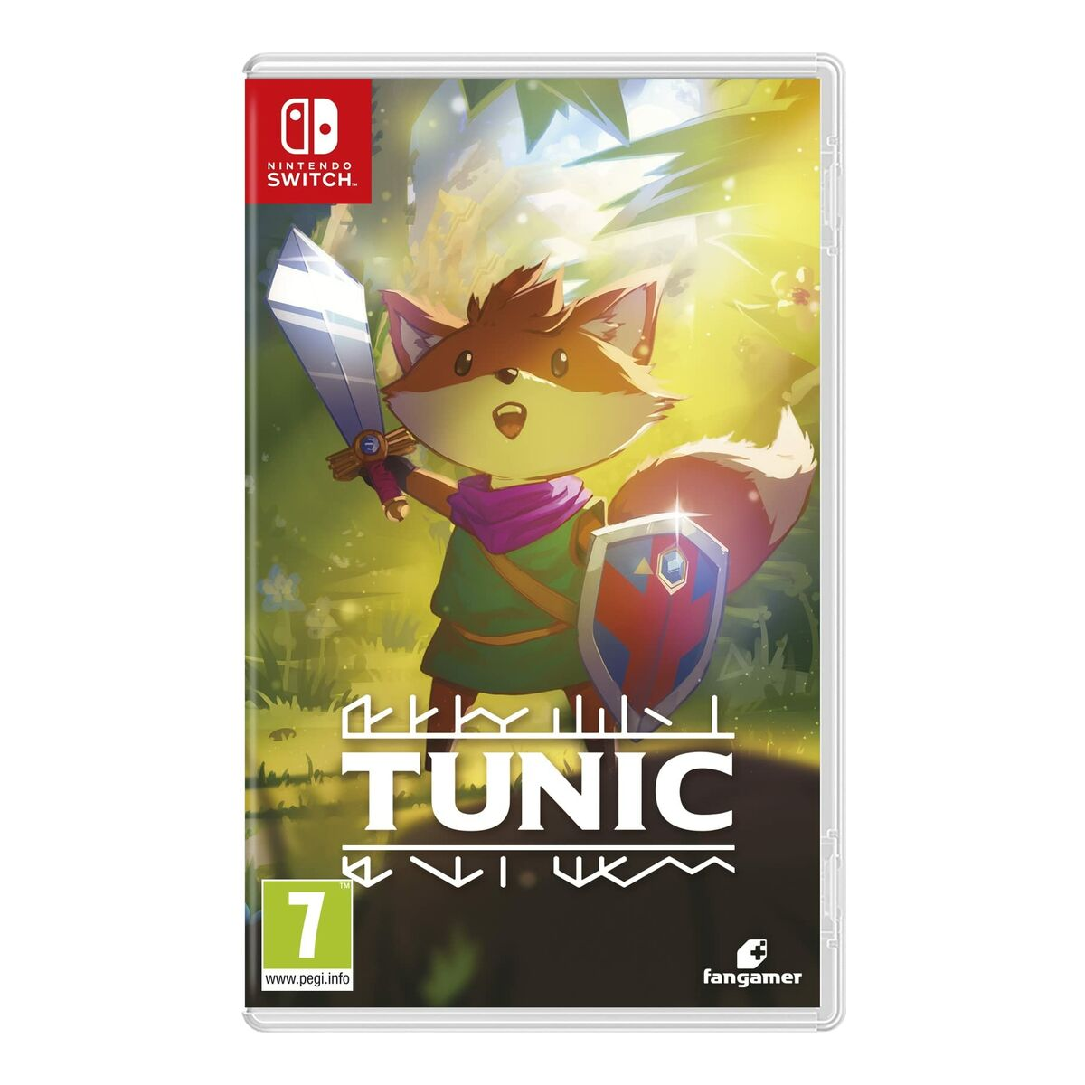 Una volpe con spada e scudo in una foresta. Logo "TUNIC".