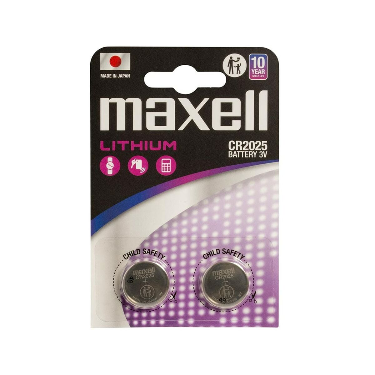 Batterie al litio Maxell CR2025 in confezione da 3V con sicurezza bambini.