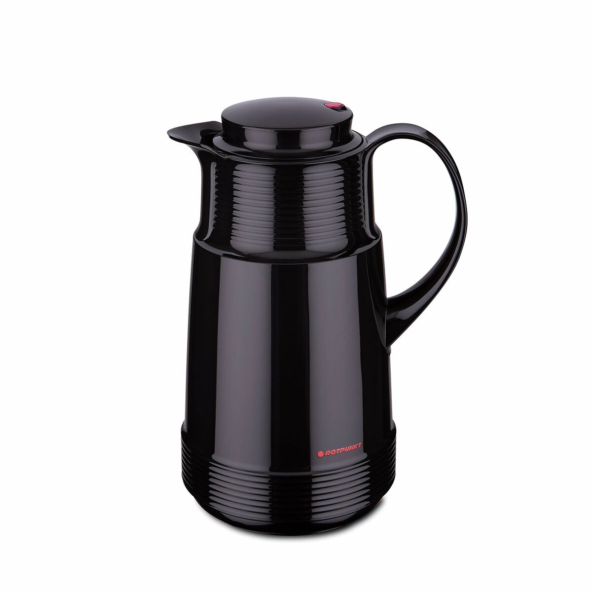 Schwarzer Thermos-Krug mit rotem Knopf auf dem Deckel und Griff.
