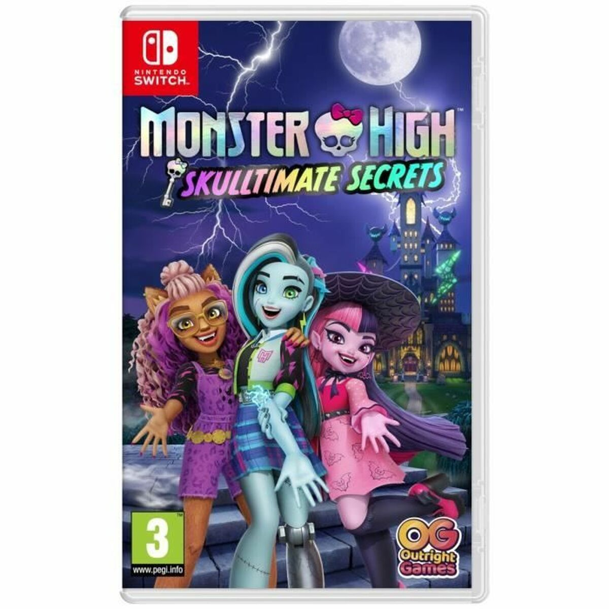 Copertina gioco Nintendo Switch Monster High Skullicious Secrets con tre personaggi.