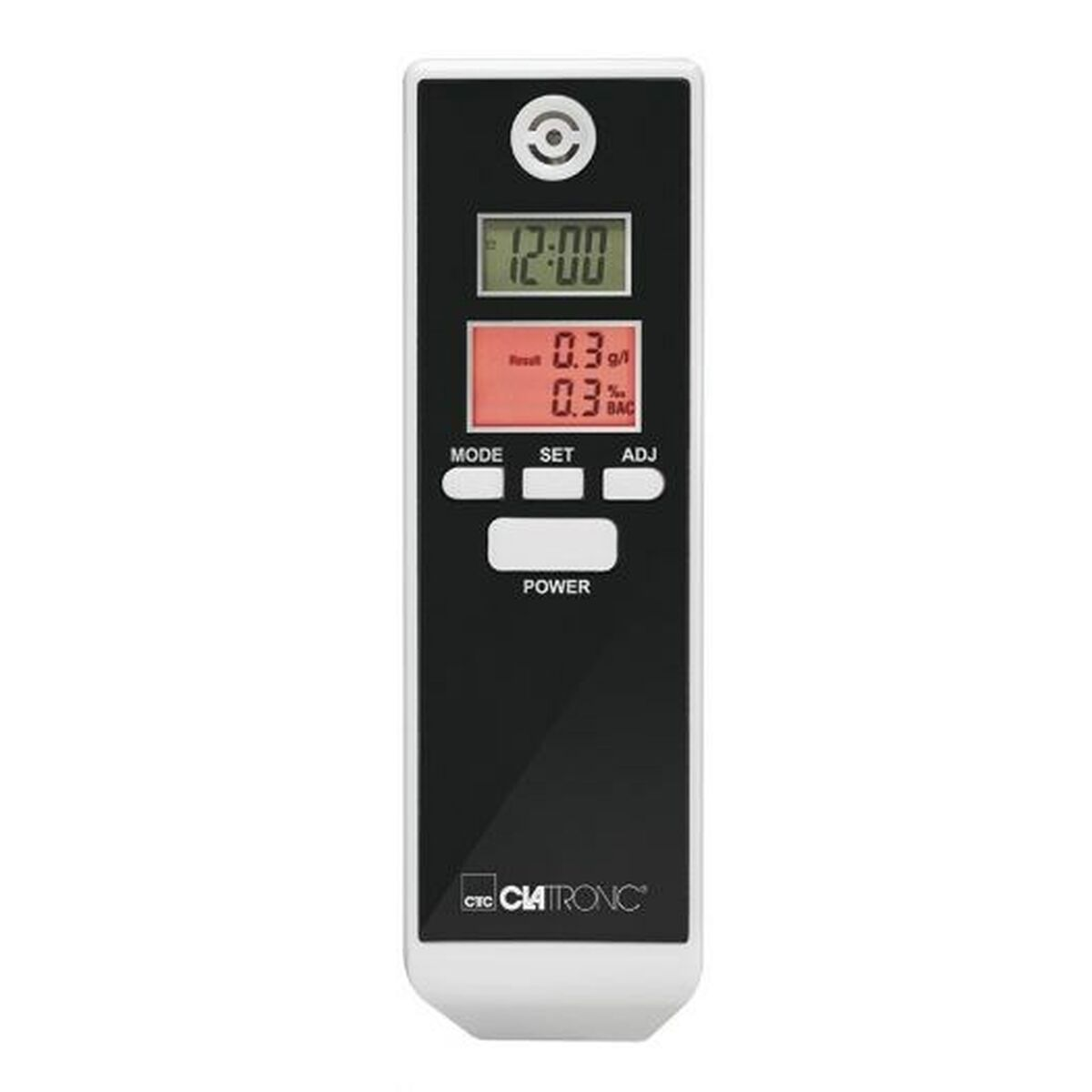 Czarny alkomat Clatronic z cyfrowym wyświetlaczem pokazującym 0,3 g/l i 0,3% BAC.