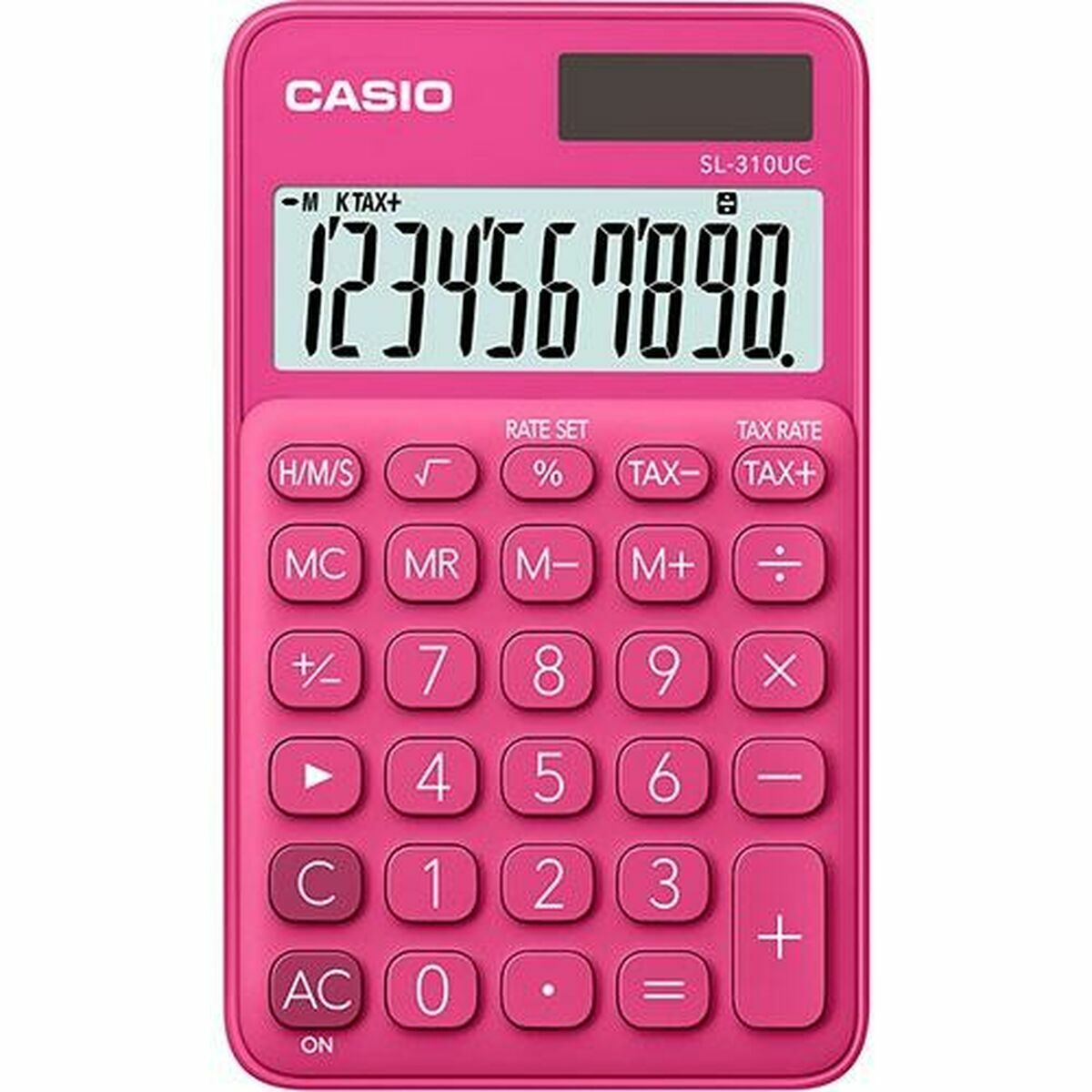 Różowy kalkulator Casio wyświetlający liczby i funkcje.