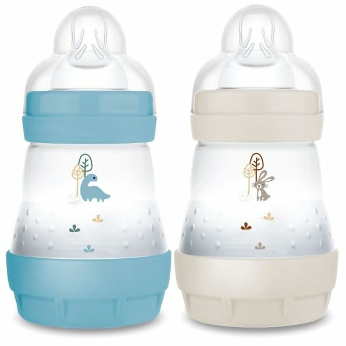 Zwei Babyflaschen mit Tiermotiven: eine blaue mit Dinosaurier, eine beige mit Hase.