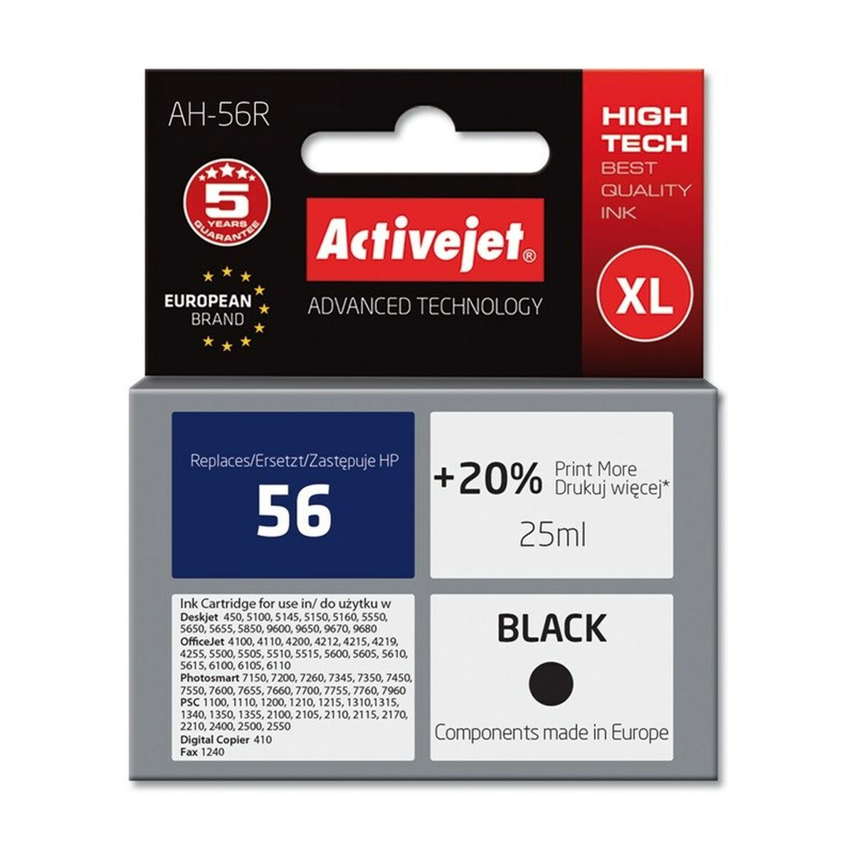 Czarny tusz Activejet AH-56R XL, 25ml, gwarancja 5 lat, wyprodukowano w Europie.