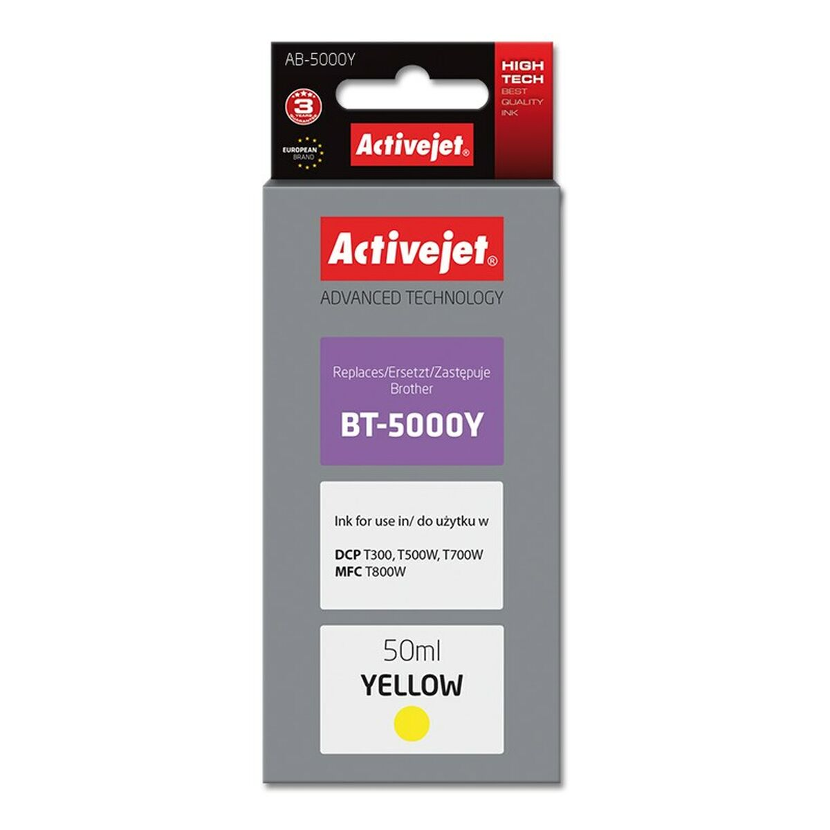 Opakowanie żółtego tuszu Activejet BT-5000Y, 50ml.