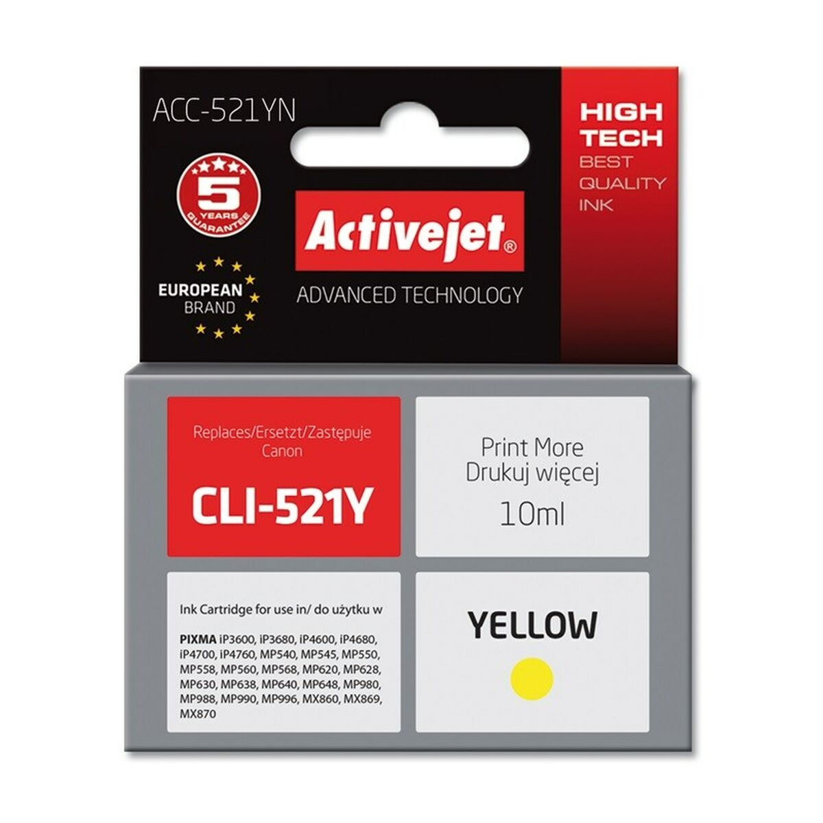Verpakking van een Activejet CLI-521Y gele inktcartridge voor Canon printers.