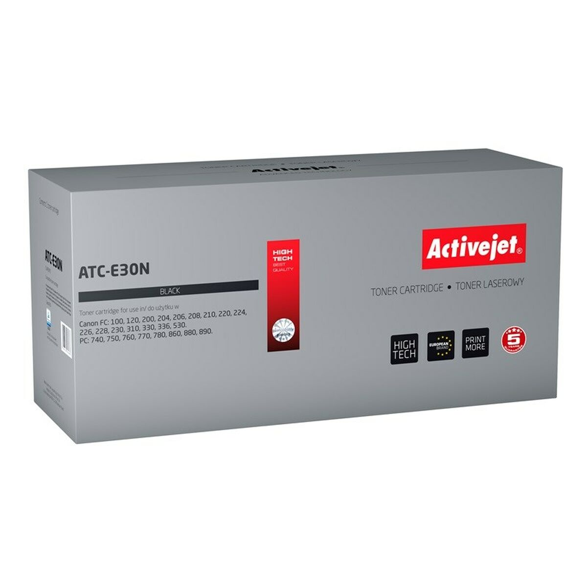 Szare pudełko z czarnym tonerem Activejet ATC-E30N i etykietami.