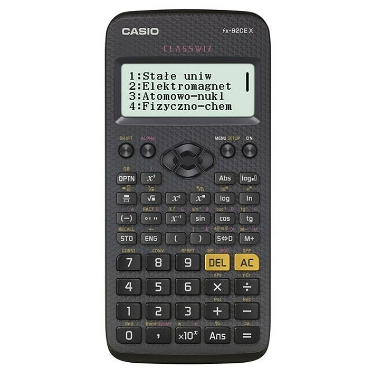 Czarny kalkulator Casio fx-82CE X z menu na ekranie.