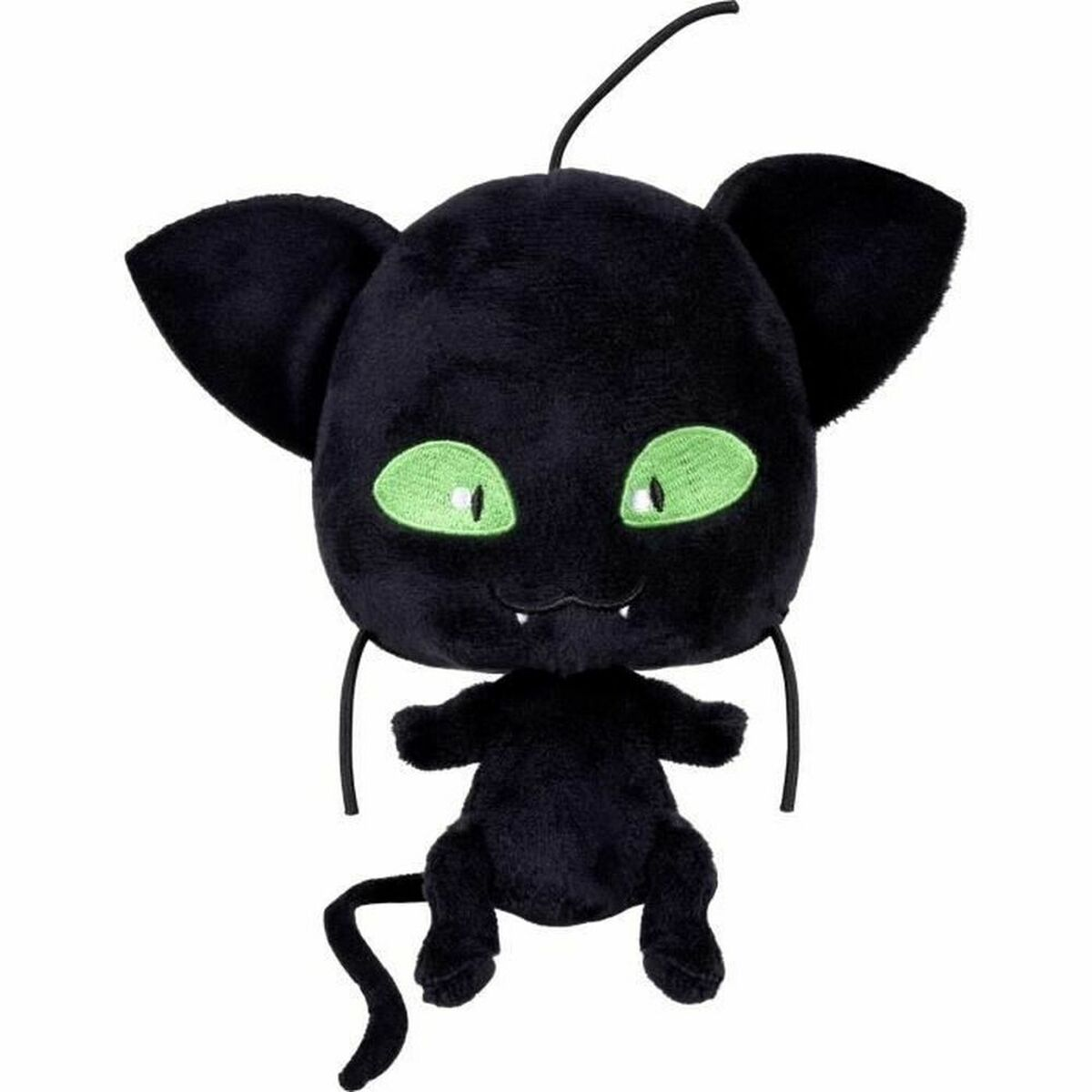 Un chaton noir en peluche aux grands yeux verts et petites dents blanches.