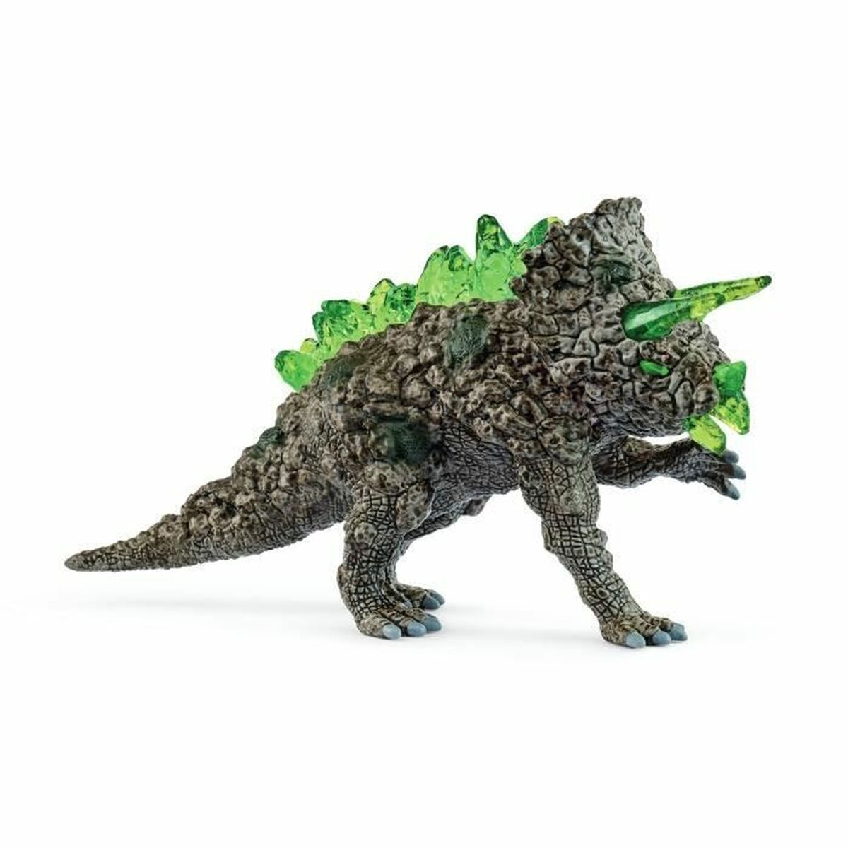 Un dinosauro giocattolo grigio con cristalli verdi sulla schiena.