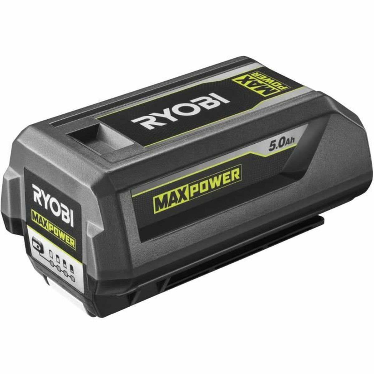 Schwarzer Ryobi Max Power 5.0Ah Akku mit gelben Akzenten und Ladeanzeige.