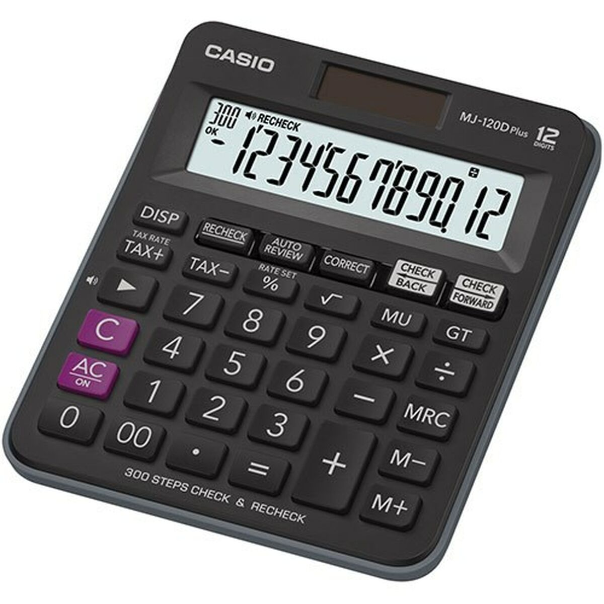 Czarny kalkulator Casio MJ-120D Plus z dużym wyświetlaczem i licznymi przyciskami.