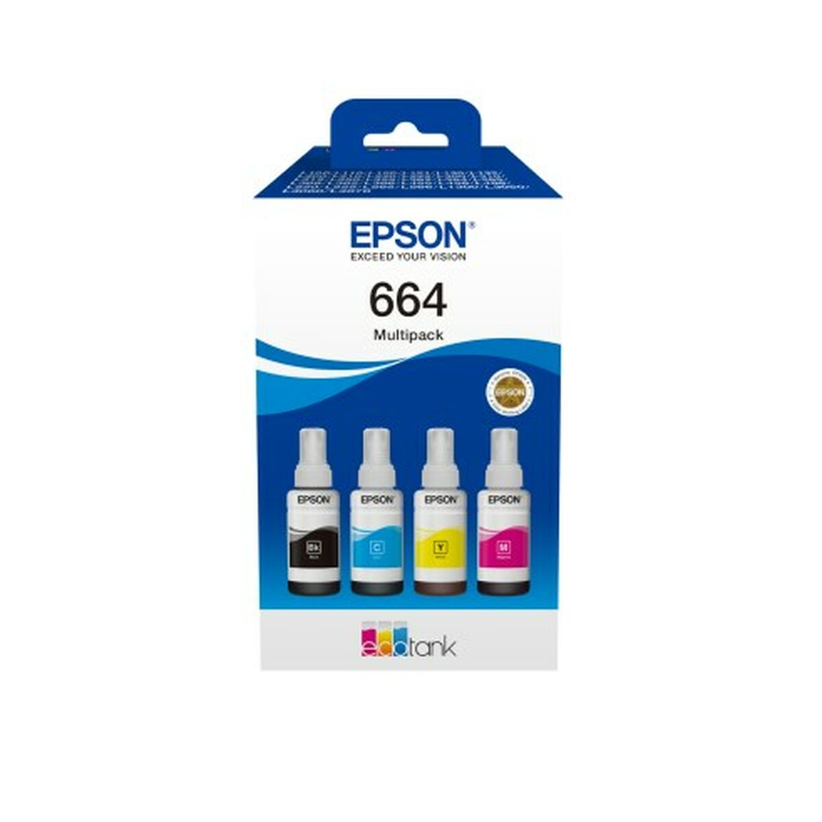 Epson 664 multipack with four ink bottles: Black, Cyan, Yellow, Magenta.