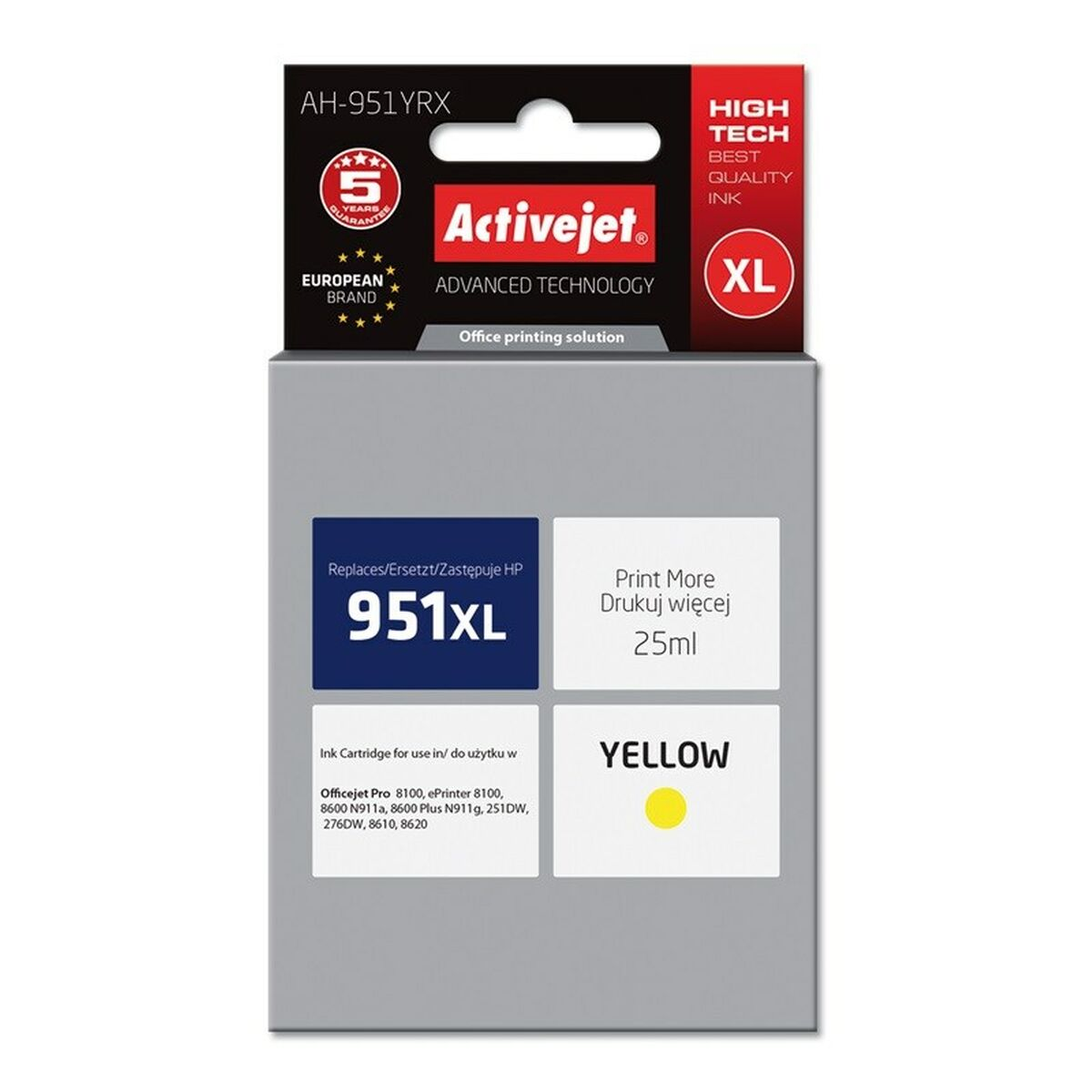 Żółty tusz Activejet 951XL, XL, do drukarek Officejet Pro, 25ml.