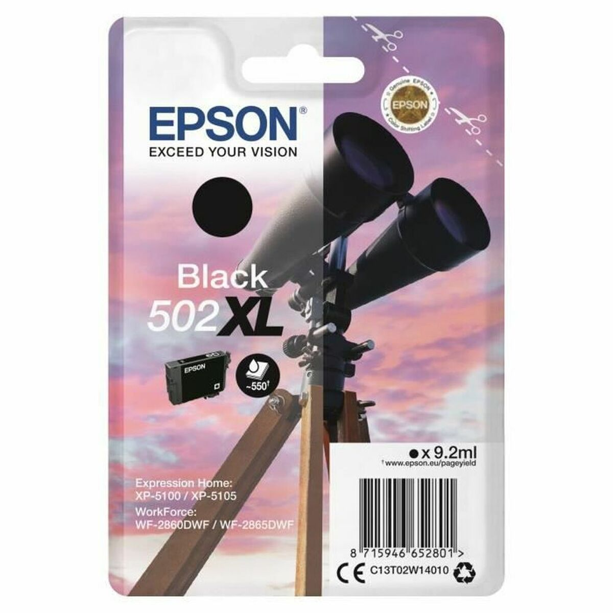 Cartuccia d'inchiostro nero Epson 502XL con binocolo e telescopio su treppiede.