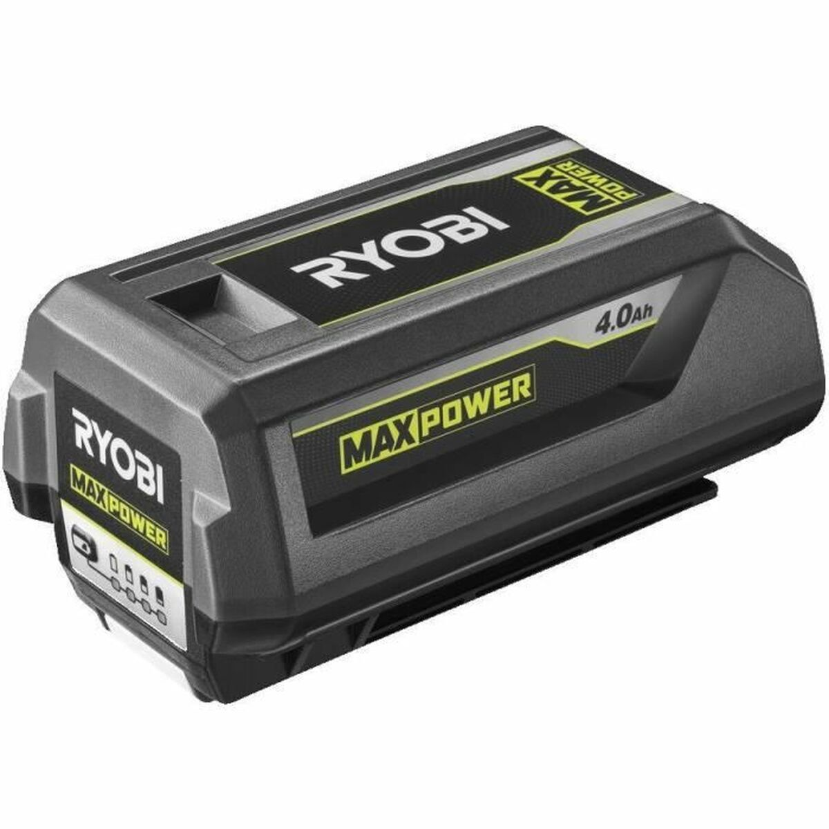 Schwarzer Ryobi MAX POWER 4.0Ah Akku mit gelben Akzenten und Ladeanzeige.