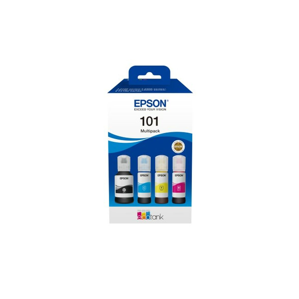 Multipack Epson 101 avec quatre bouteilles d'encre : noir, cyan, jaune et magenta.