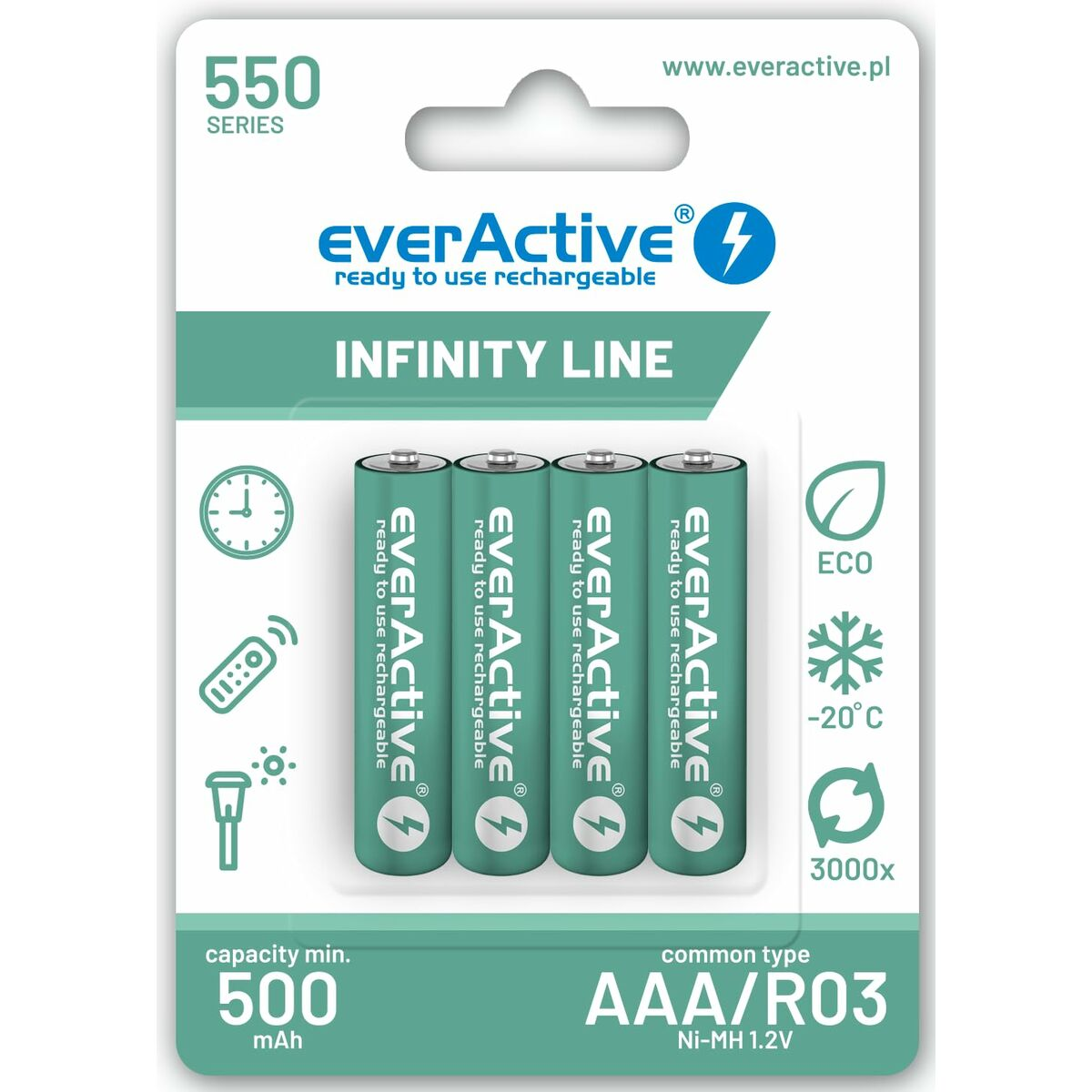 Verpackung mit vier AAA/R03 EverActive Ni-MH 1,2V Akkus, 500mAh.