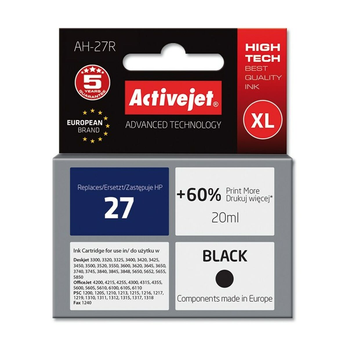 Cartuccia d'inchiostro Activejet AH-27R XL, nero, 20ml, garanzia 5 anni.