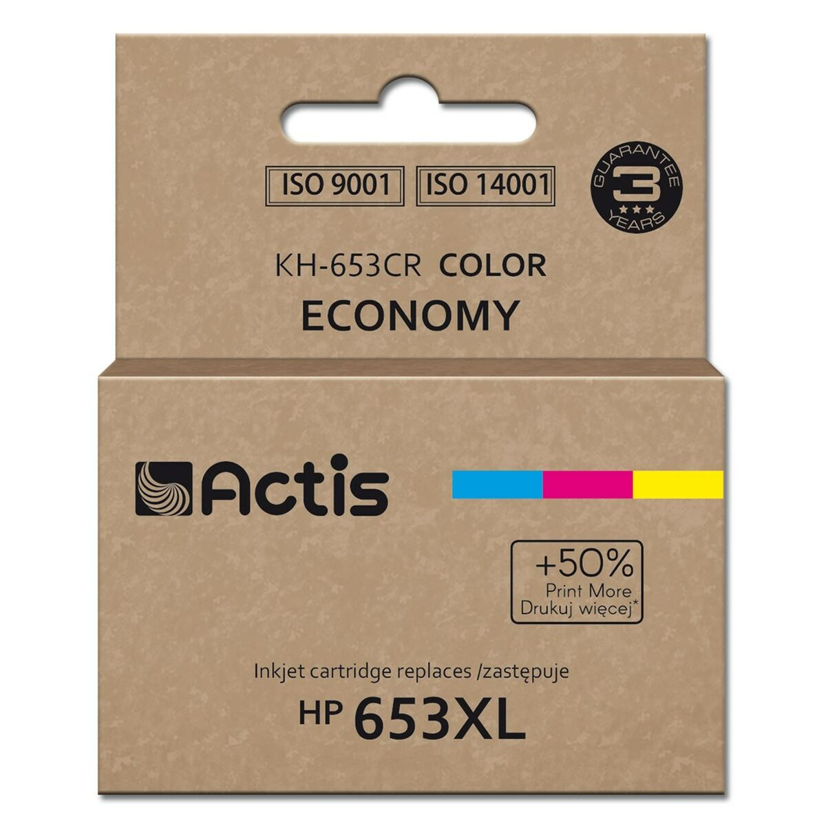 Opakowanie wkładu atramentowego Actis KH-653CR COLOR ECONOMY z certyfikatami ISO.