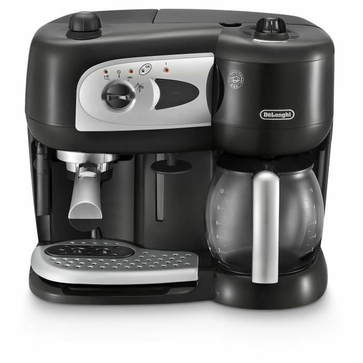 Una macchina da caffè nera con parte espresso e parte filtro.