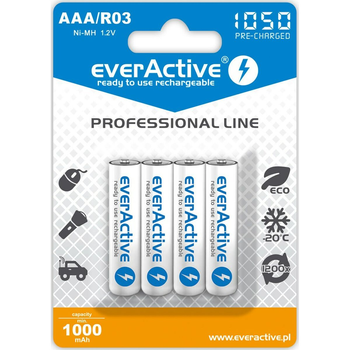 Cztery baterie AAA EverActive, pojemność 1000 mAh, linia profesjonalna.
