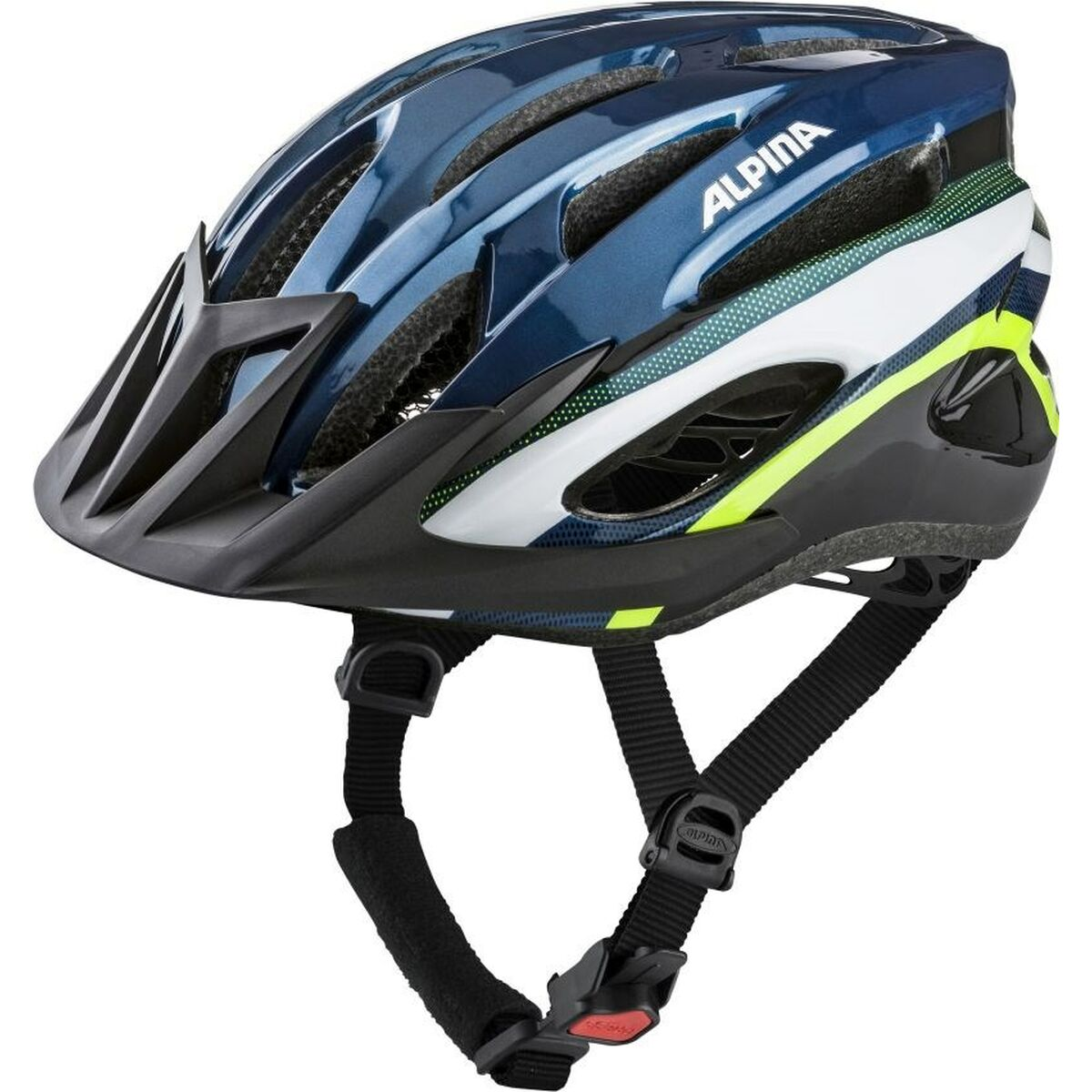 Niebieski kask rowerowy z otworami wentylacyjnymi, wizjerem i logo Alpina.