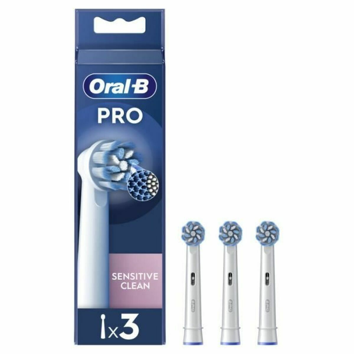 Testine Oral-B Pro Sensitive Clean, confezione da 3. Spazzolini bianchi con setole blu.