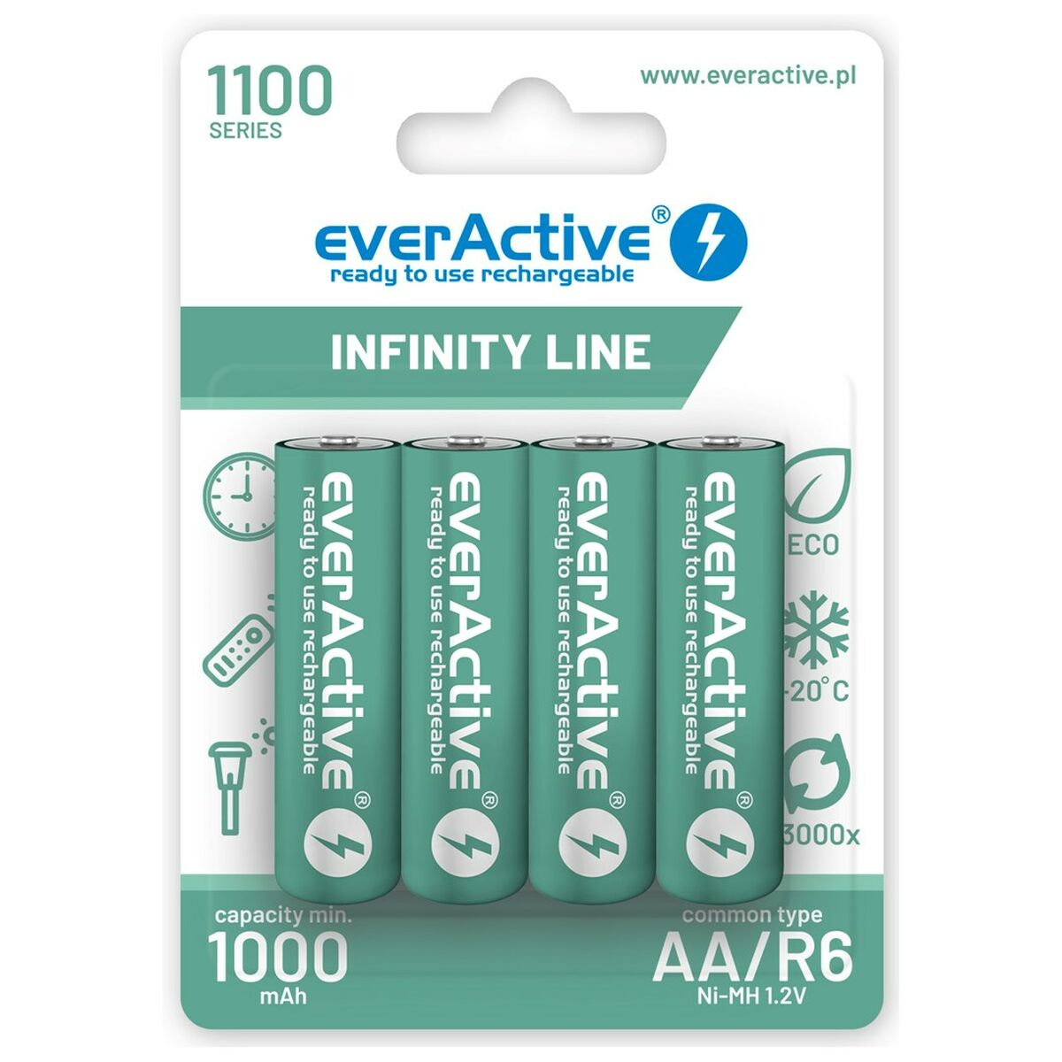 Vier EverActive AA/R6 Ni-MH 1000mAh AAA Batterien im 1100er-Set.