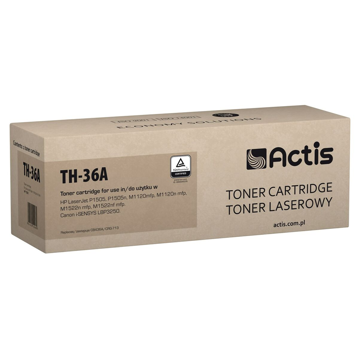 Pudełko z tonerem Actis TH-36A, z certyfikatem TÜV i szczegółami kompatybilności.