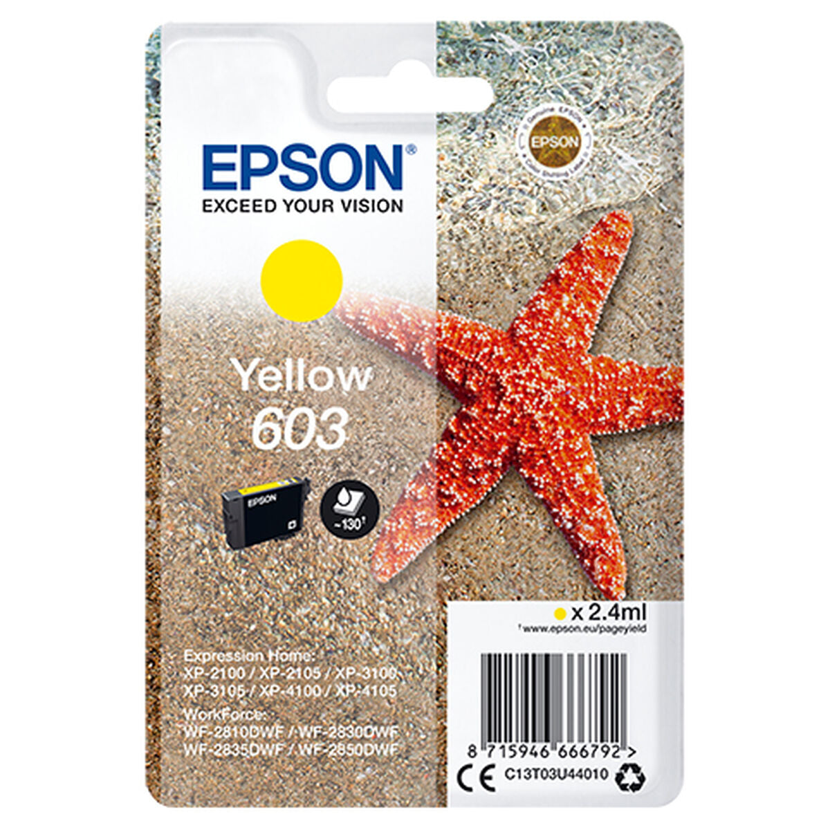 Żółty tusz Epson 603 z rozgwiazdą na piasku i wodzie