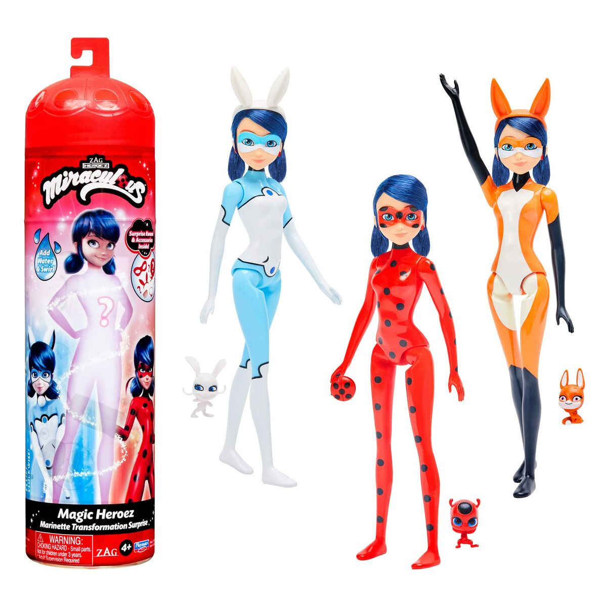 Miraculous-Puppen in roten, orangen und blauen Hasenanzügen mit Accessoires.