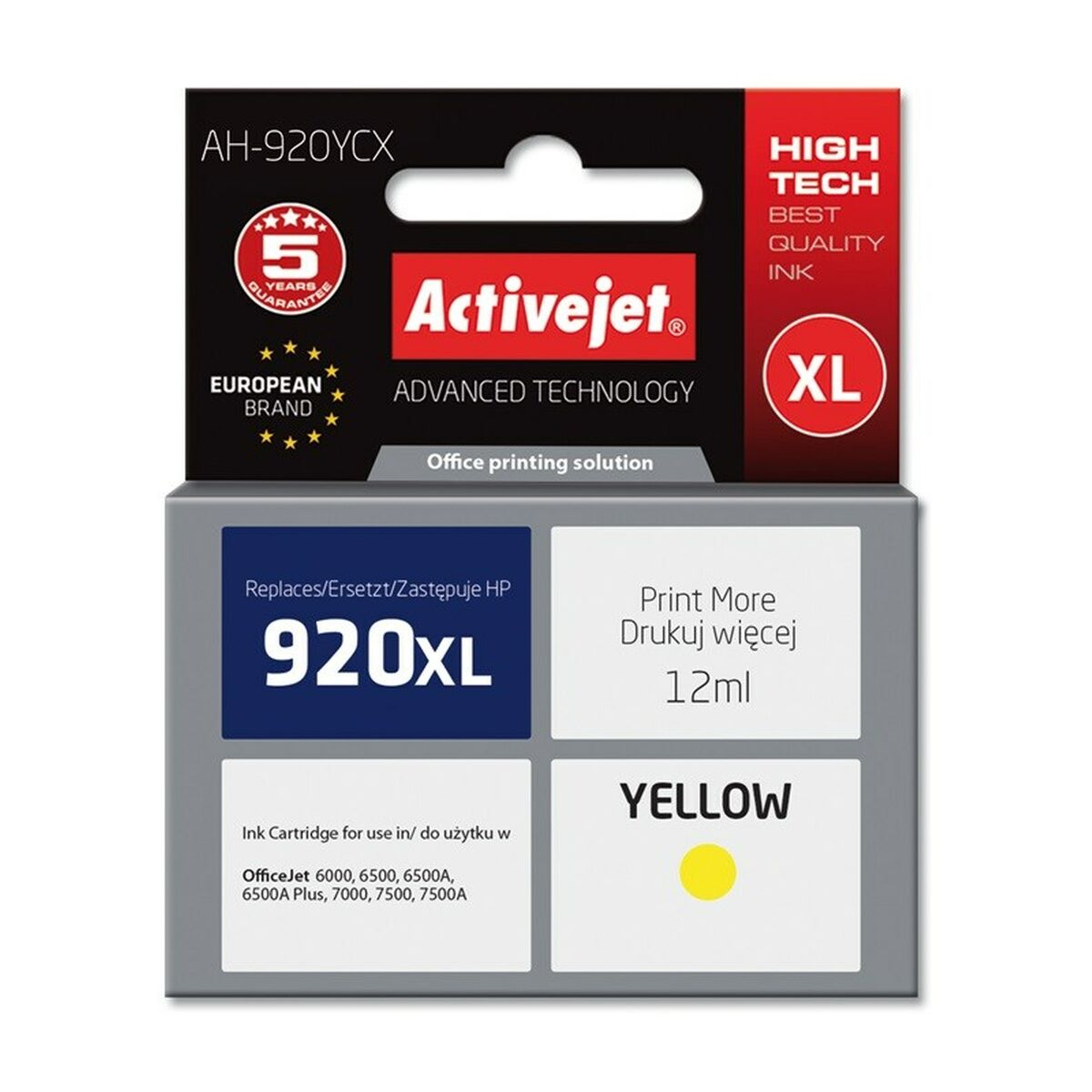 Opakowanie żółtego tuszu Activejet 920XL, 12ml.