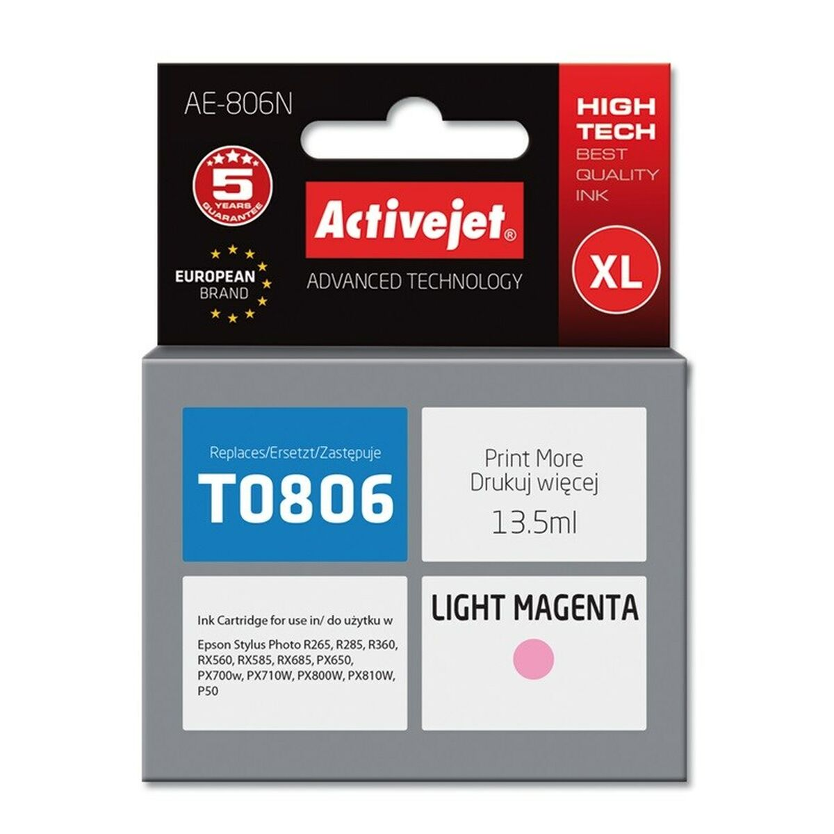 Opakowanie wkładu atramentowego Activejet T0806 Light Magenta XL z 5-letnią gwarancją.
