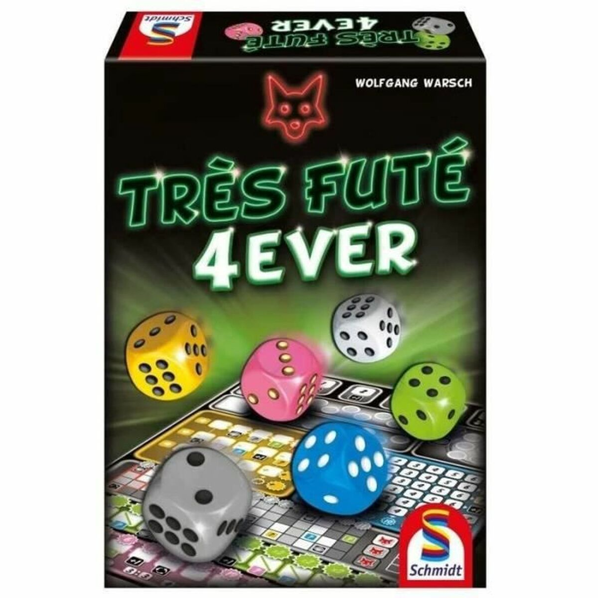 Scatola gioco Tres Fute 4EVER con dadi colorati sul tabellone.