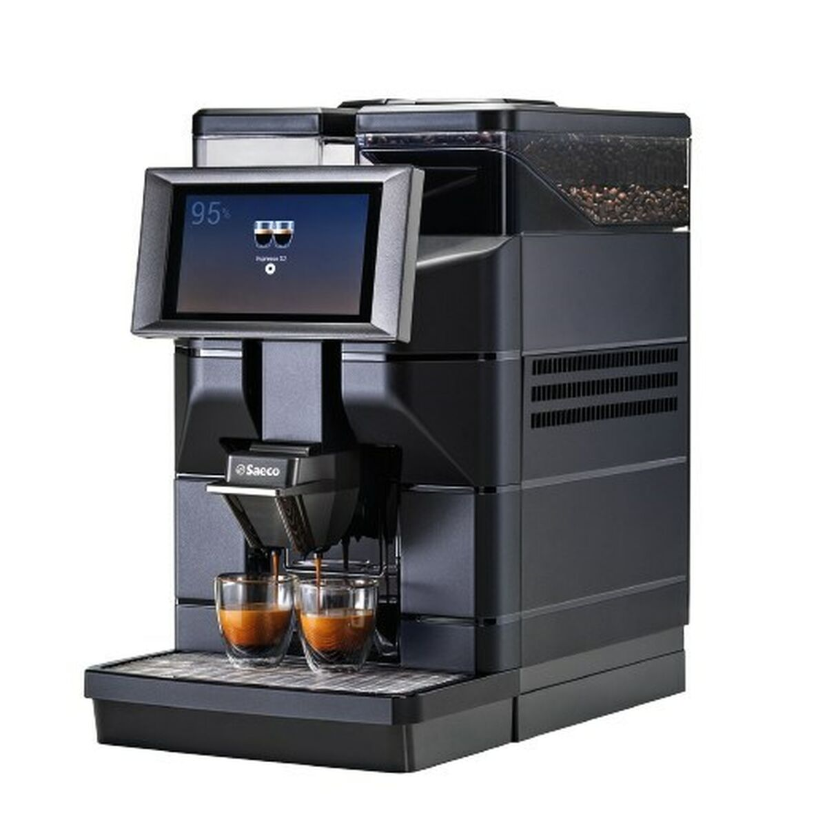 Czarna ekspres do kawy z ekranem dotykowym parzy dwa espresso do szklanek.