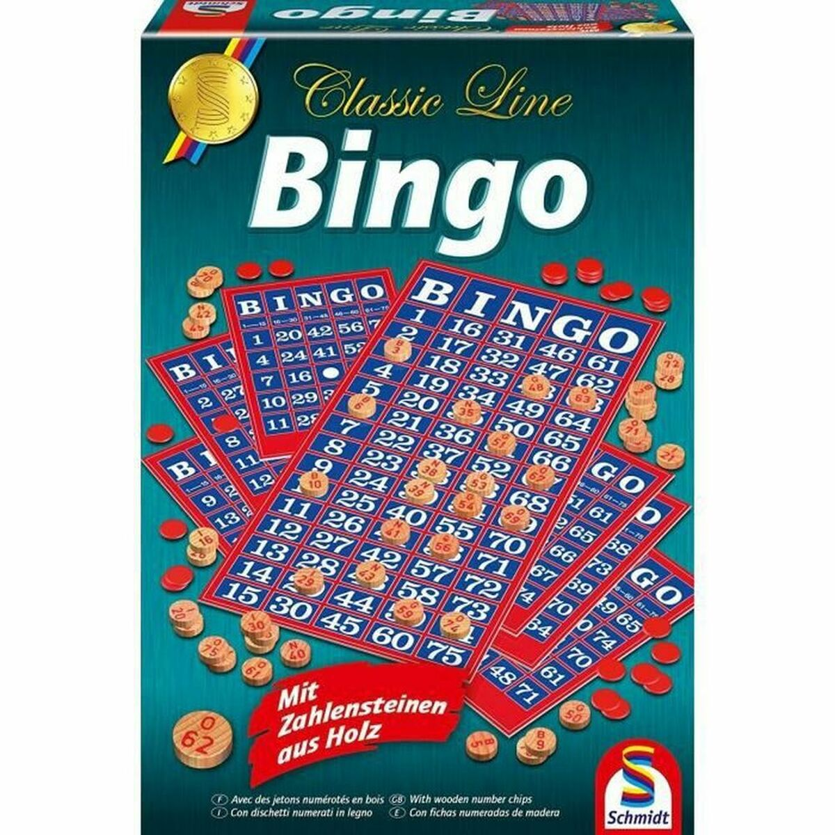 La scatola mostra un gioco del Bingo con cartelle rosse e gettoni in legno.