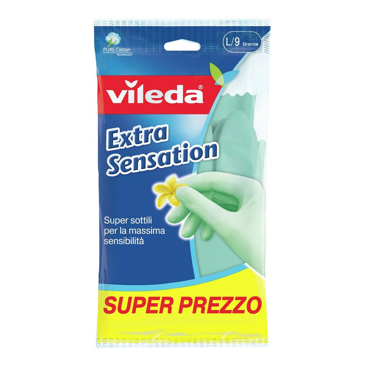 Rękawice Vileda Extra Sensation jasnozielone z żółtym kwiatkiem.