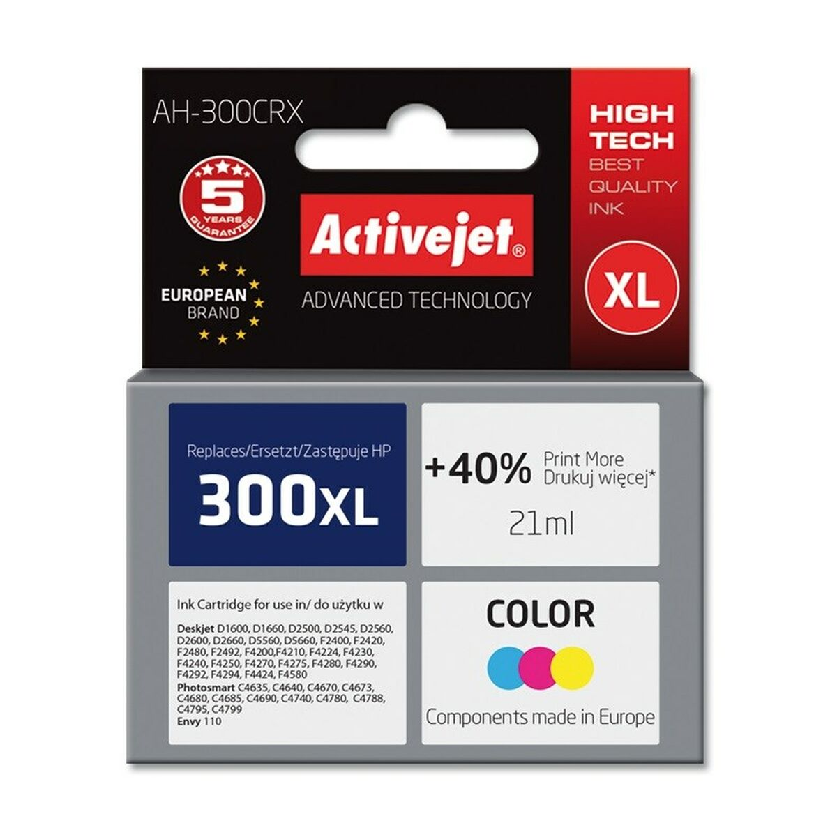 Kolorowy tusz Activejet 300XL, 5 lat gwarancji, rozmiar XL.